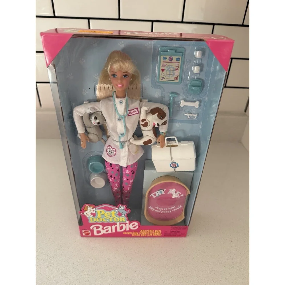 Vintage 1996 Vet Barbie Doll Pet Doctor Veterinarian & Wiggle Waggle Dog Cat NIB